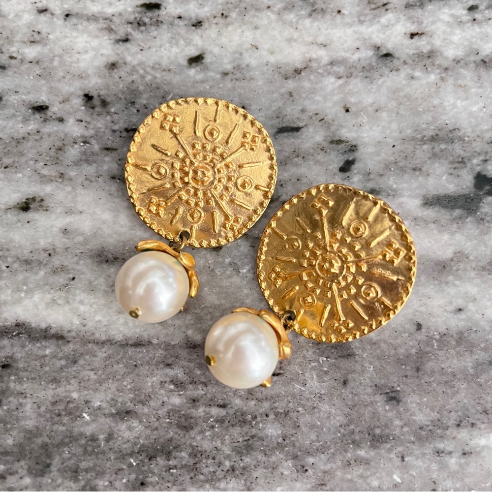 Stunning statement earrings gold pearl tribal circle disc evening ball big giant
